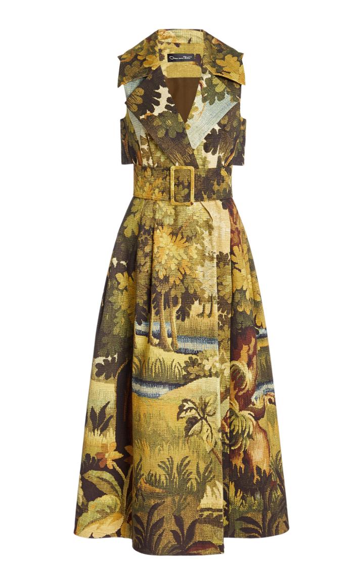 Oscar De La Renta Belted Printed Cotton Midi Trench Dress