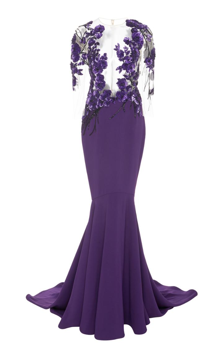 Pamella Roland Sequin Embroidered Crepe Gown