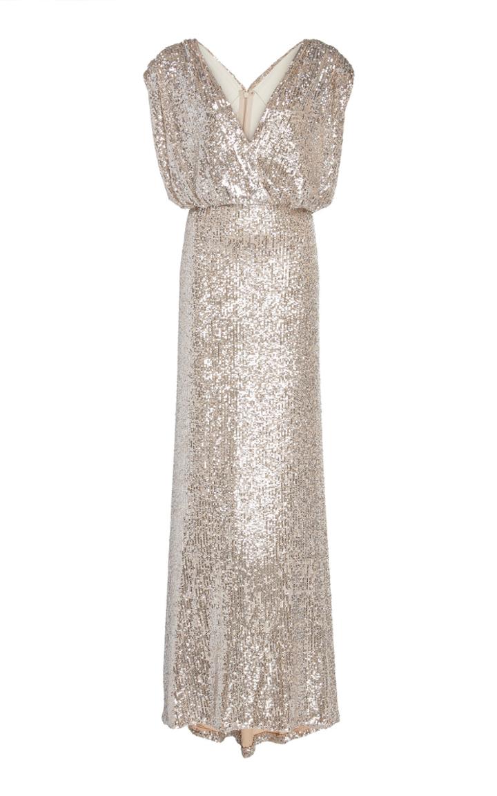 Monique Lhuillier Draped Sequined Silk-charmeuse Gown