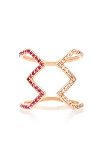 Sabine Getty Rose Gold Open Ziggy Ring With Diamonds And Pink Sapphire