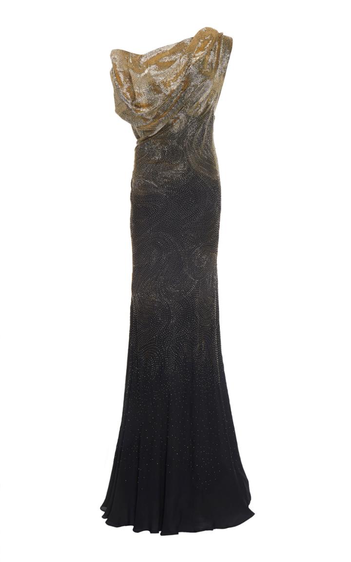 Oscar De La Renta Off Shoulder Metallic Drape Neck Gown