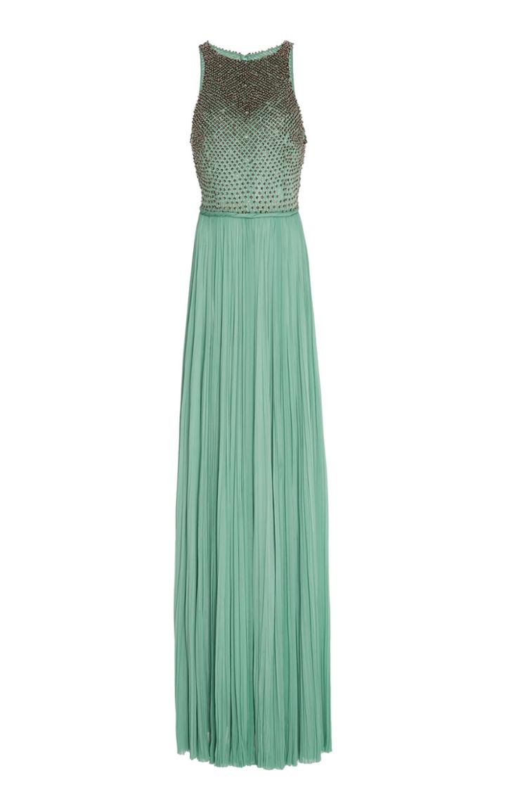J. Mendel Embroidered Silk Halter Neck Gown With Hand Pleated Skirt