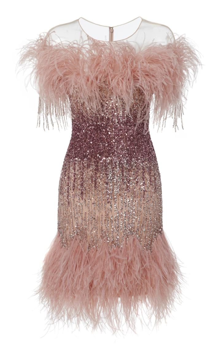 Pamella Roland Ostrich Feather And Sequin Embroidered Cocktail Dress
