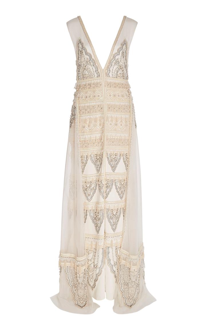Cucculelli Shaheen Pearl Paisley Embroidered Silk Gown