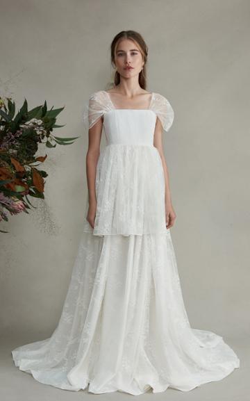 Markarian Aurora Silk Tiered Dress With Draped Lace Sleeves