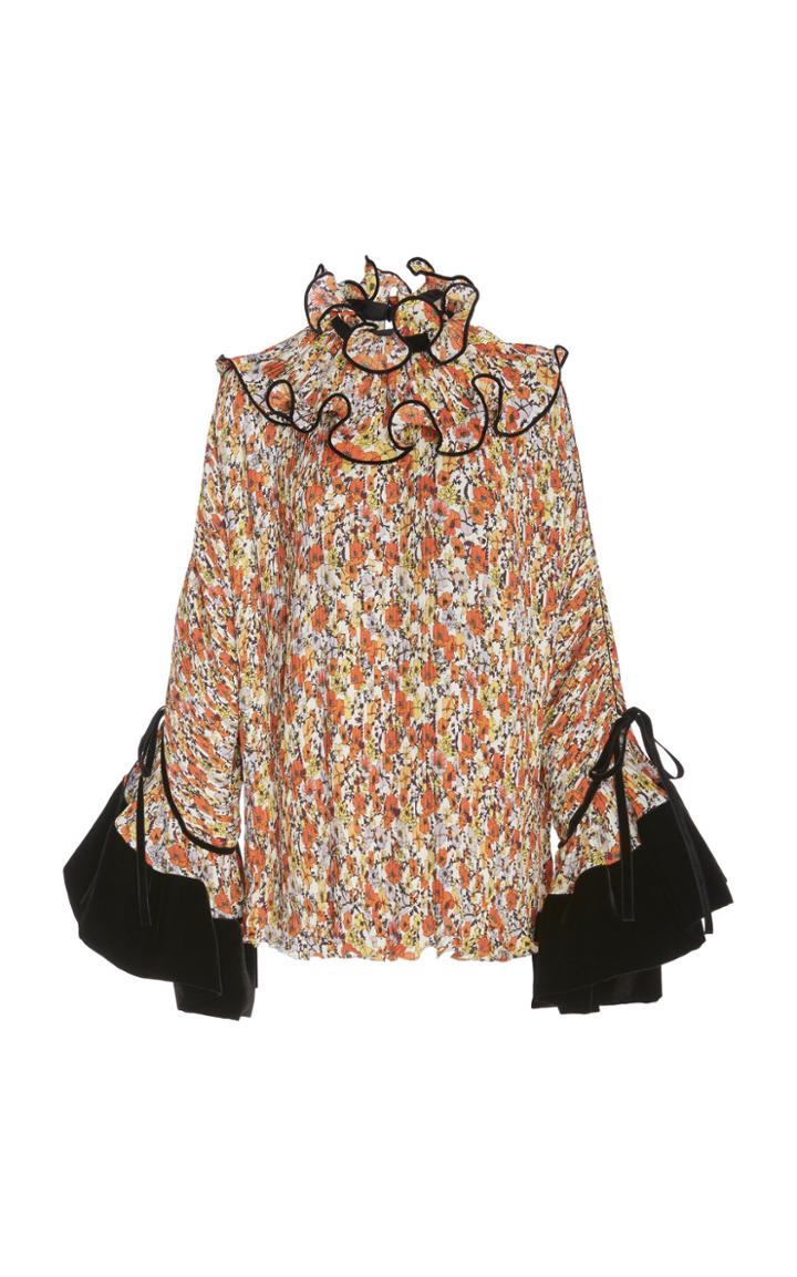 Tory Burch Ruffled Velvet-trimmed Satin Blouse