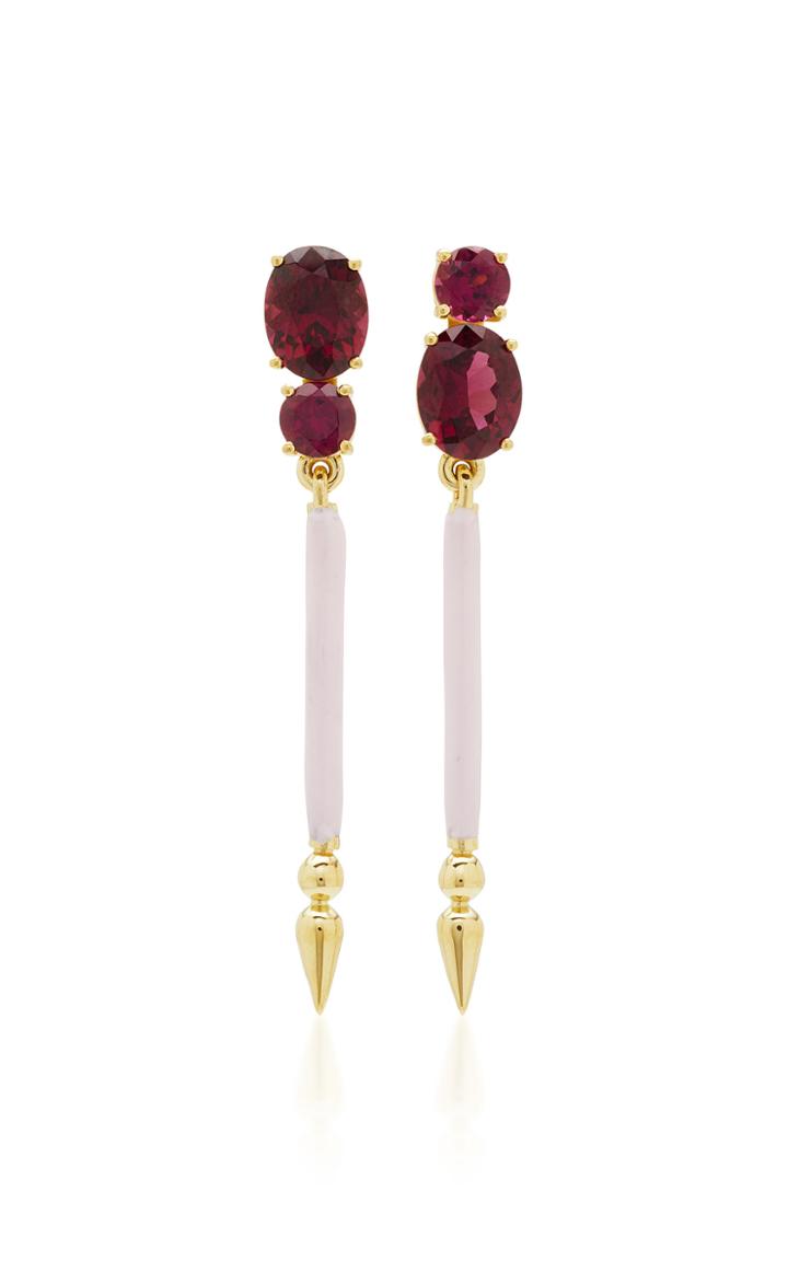 Sarah Hendler Double Rhodolite And Ballet Slipper Enamel Spear Earrings