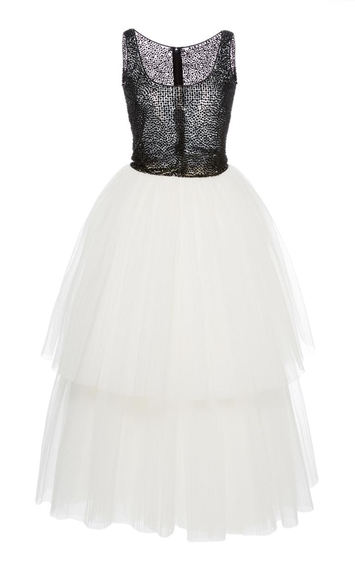 Naeem Khan Beaded Tulle Tea Length Dress