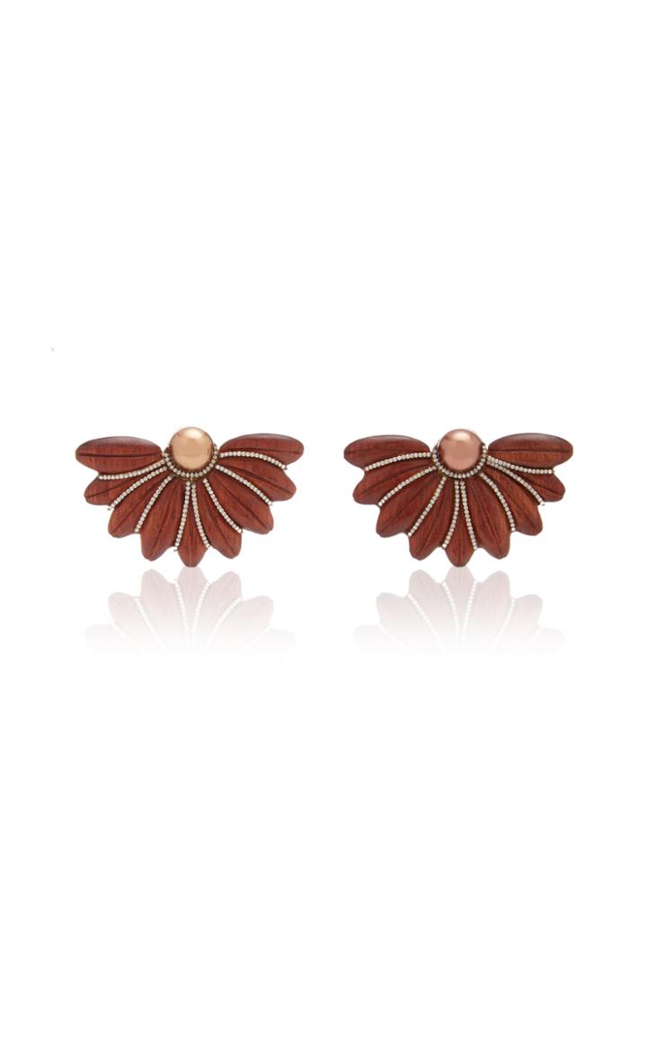 Silvia Furmanovich Sculptural Botanical Marquetry Brown Fan Earrings