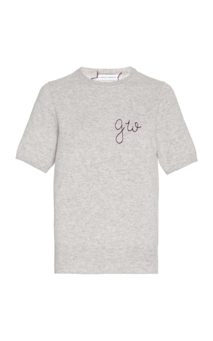 Moda Operandi Lingua Franca Monogrammed Short-sleeve Cashmere Crew Sweater With Navy
