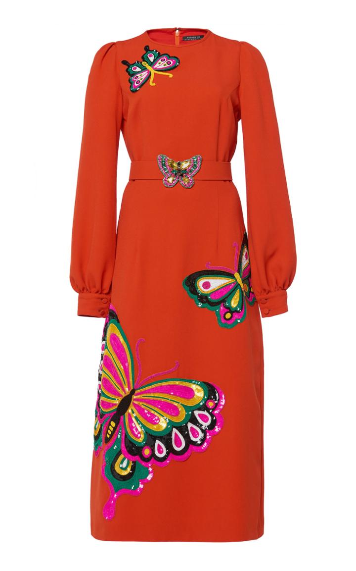 Andrew Gn Belted Butterfly Sequined Midi Dress