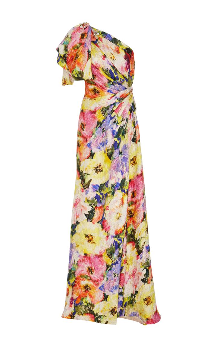 Monique Lhuillier One-shoulder Floral Printed Gown