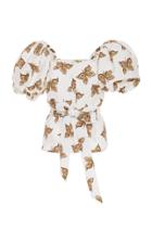 Rodarte Butterfly-print Belted Cloqu Blouse