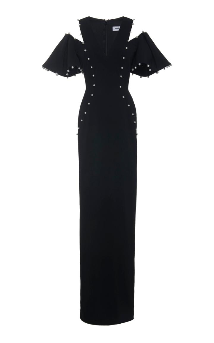 Pamella Roland Pearl Trimmed Cold Shoulder Crepe Gown