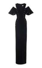 Pamella Roland Pearl Trimmed Cold Shoulder Crepe Gown