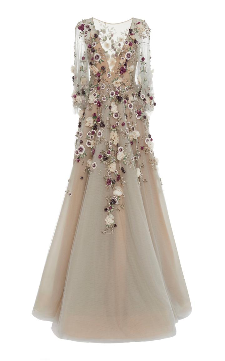 Marchesa Plunging Neckline Embroidered Ballgown