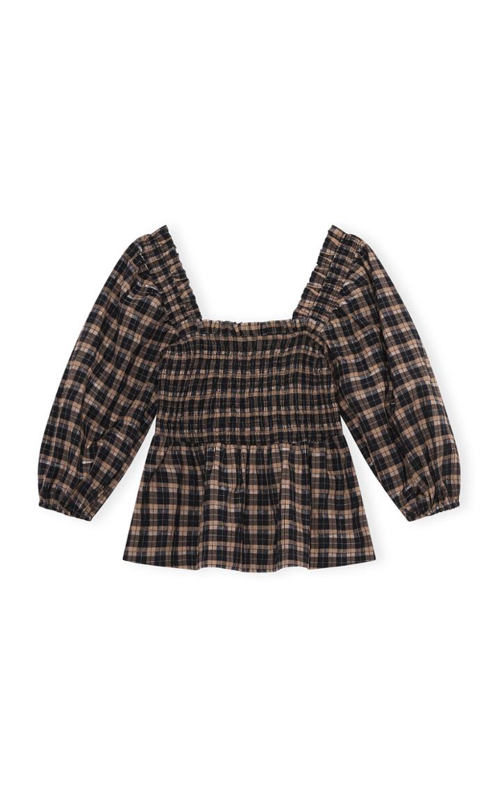 Moda Operandi Ganni Seersucker Check Smocked Top