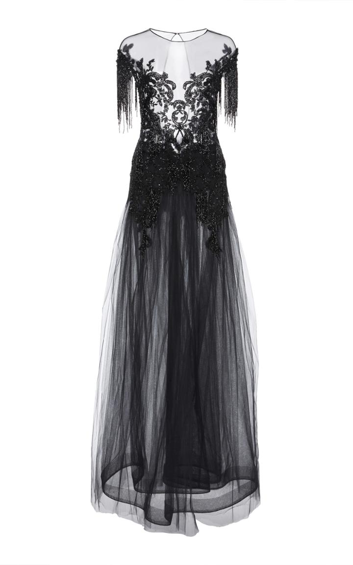 Pamella Roland Embroidered Pleated Tulle Gown