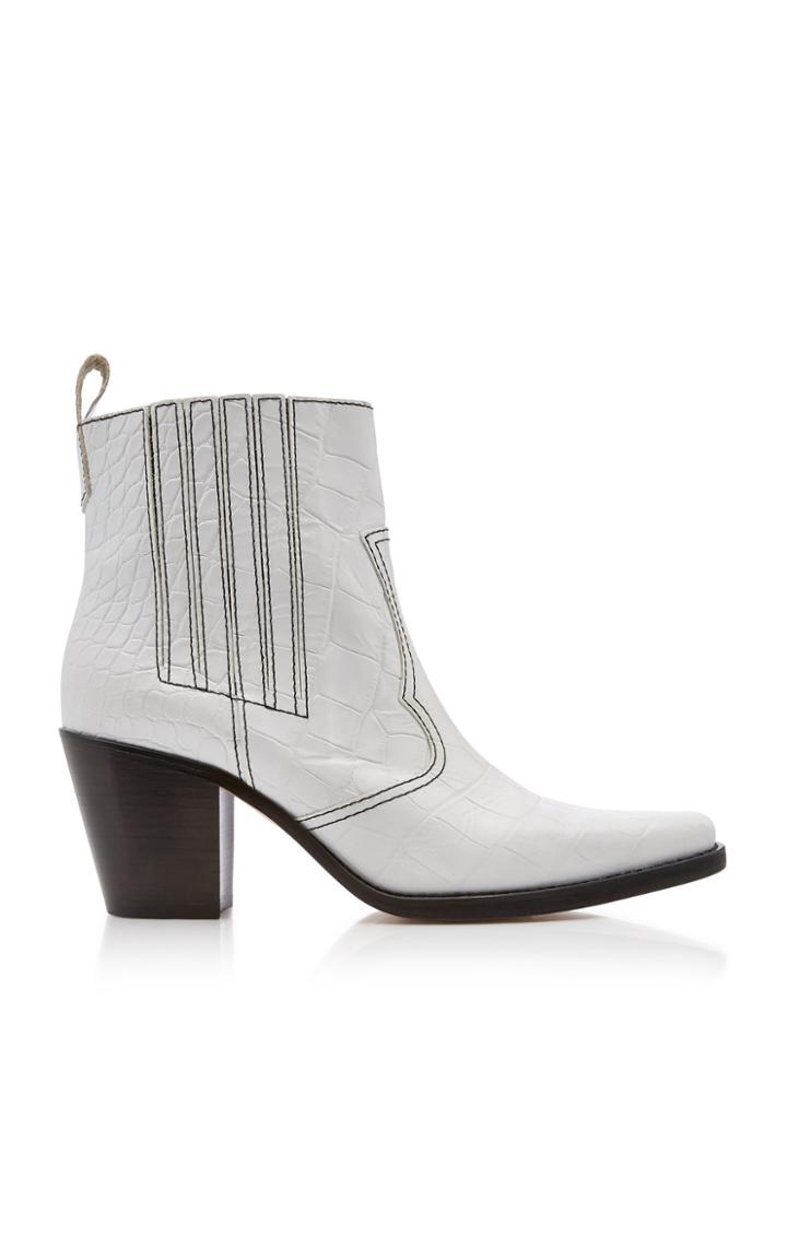 Ganni Top-stitched Croc-effect Leather Boots