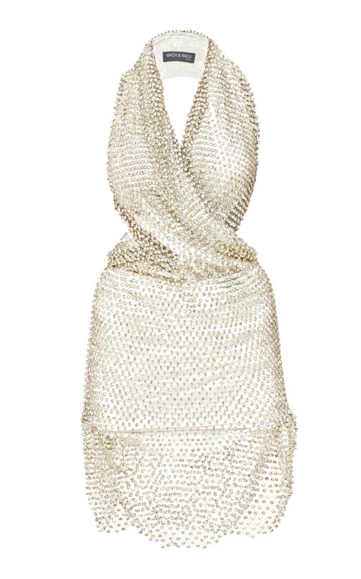 Mach & Mach White Velvet Crystalized Ocane Dress With Open Back