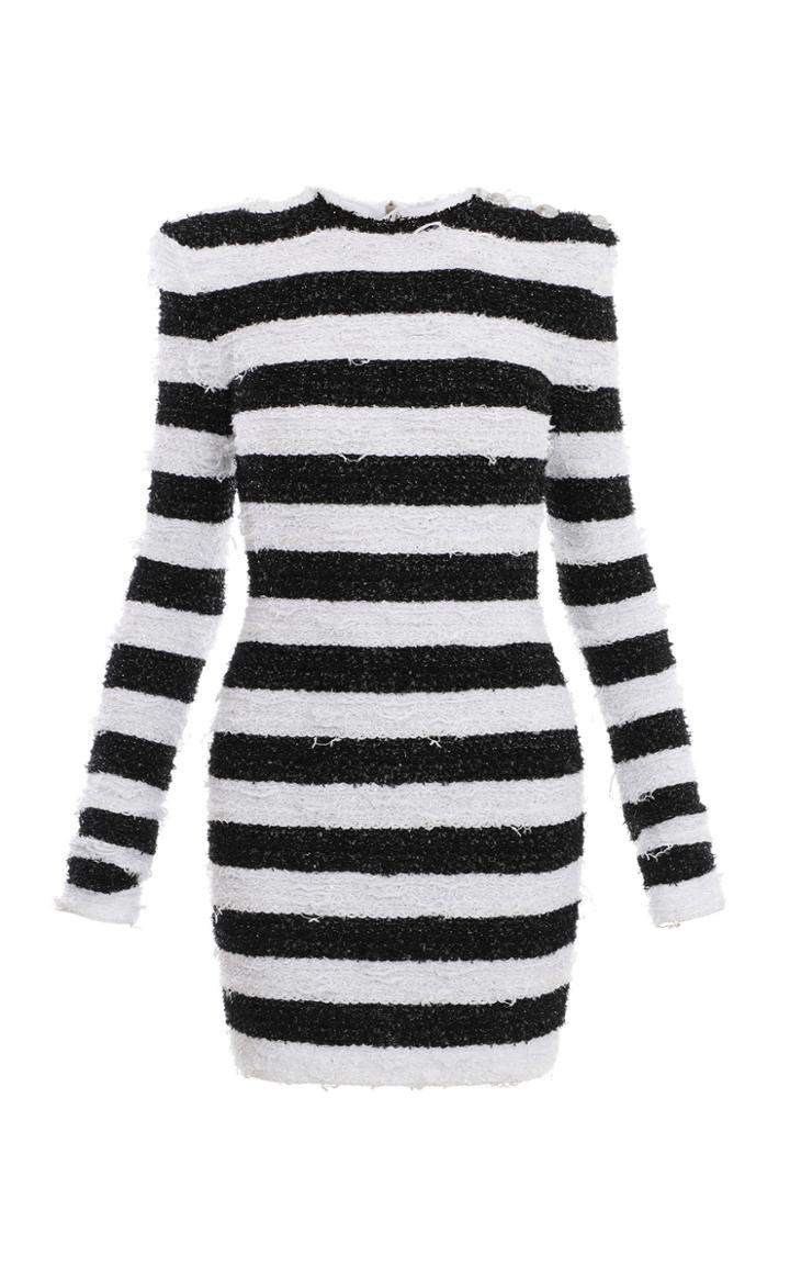 Moda Operandi Balmain Button-detailed Striped Tweed Mini Dress Size: 36