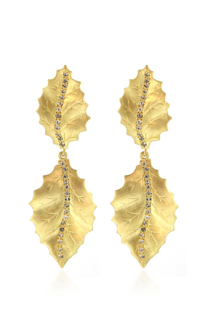 Lfrank Double Holly Leaf 18k Yellow Gold Diamond Earrings