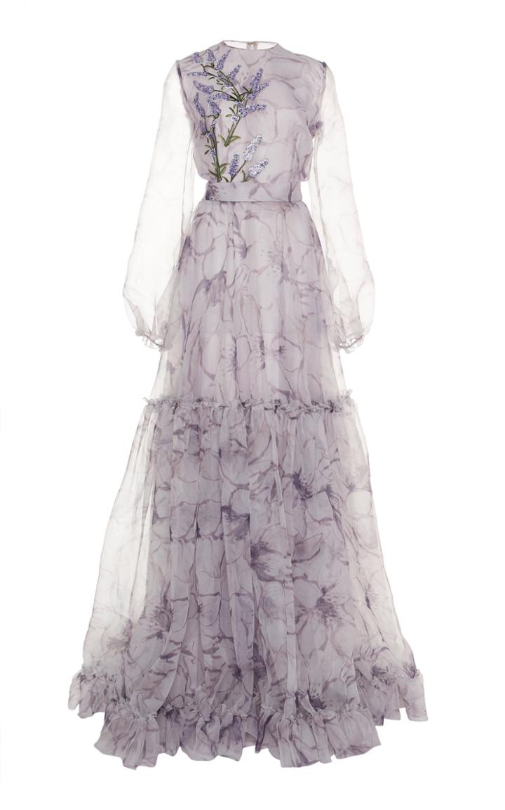 Costarellos Tiered Printed Silk Organza Gown
