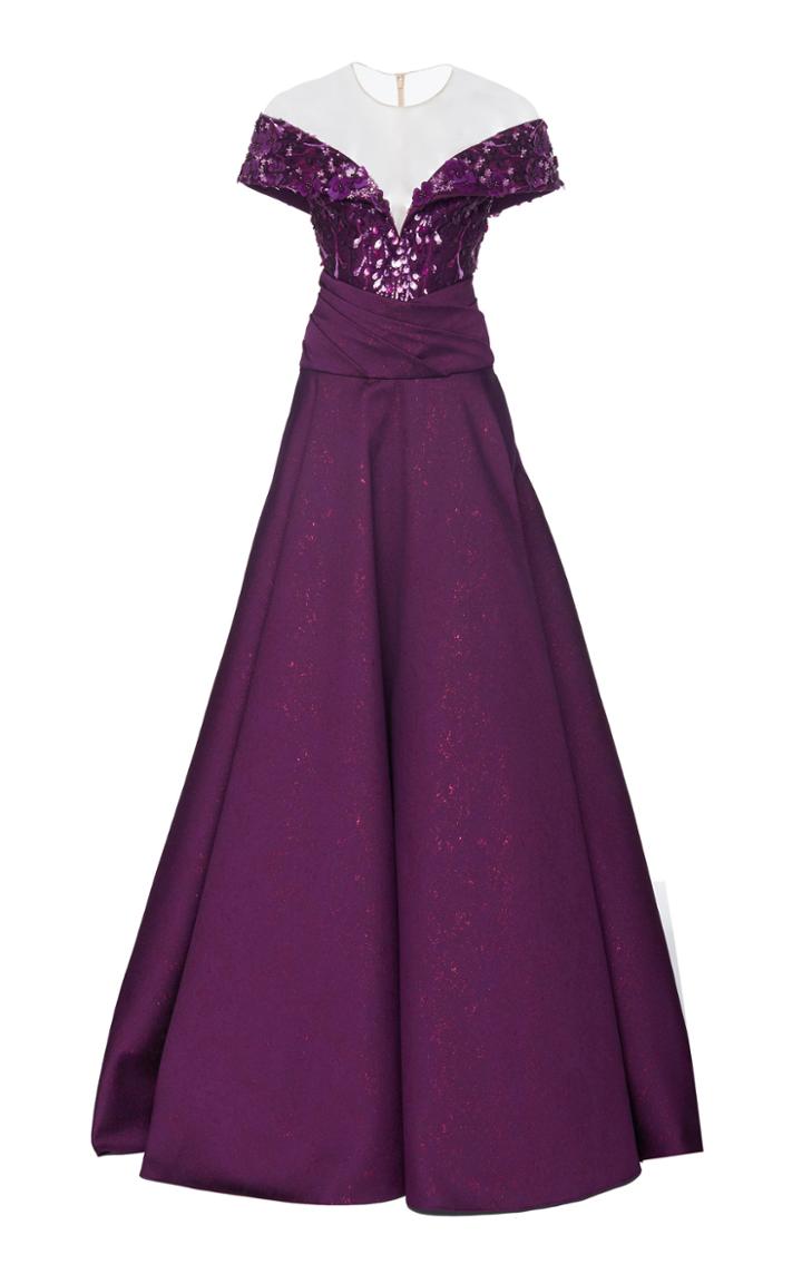 Pamella Roland Jacquard-knit Metallic Gown