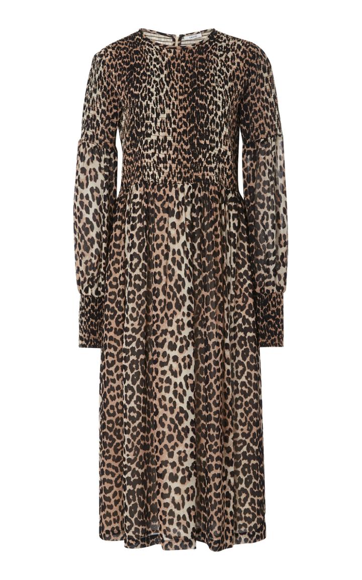 Ganni Smocked Leopard-print Georgette Dress