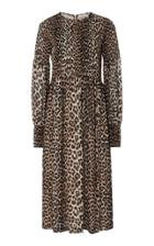 Ganni Smocked Leopard-print Georgette Dress