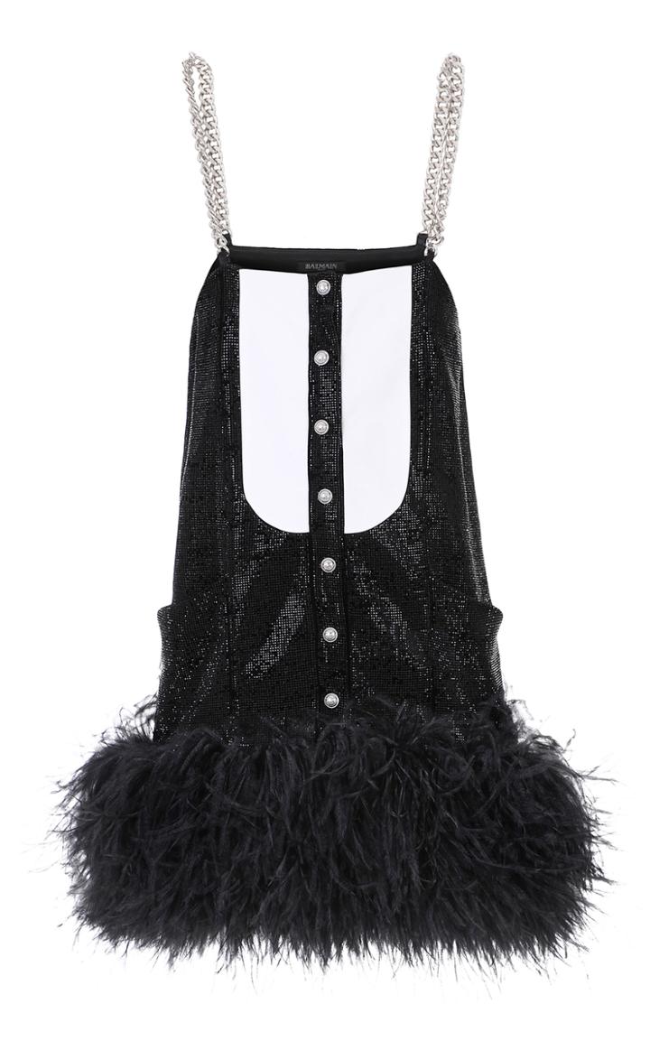 Balmain Feather-trimmed Velvet Mini Dress