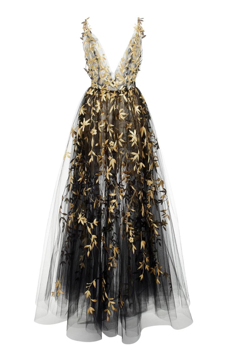 Oscar De La Renta Floral Embroidered Tulle Layered Gown