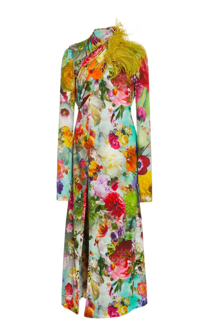 Moda Operandi Prabal Gurung Feather Embellished Draped Floral Midi Dress