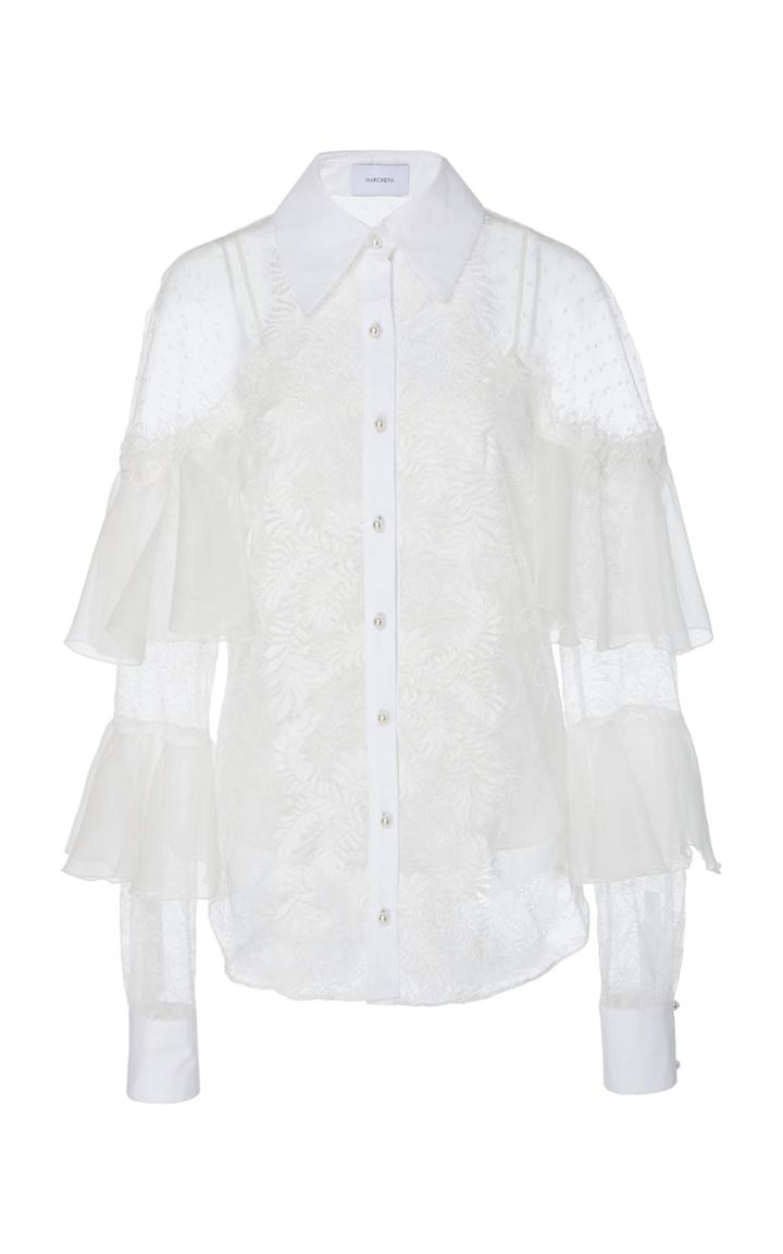 Marchesa Ruffle-trimmed Lace Long Sleeve Blouse
