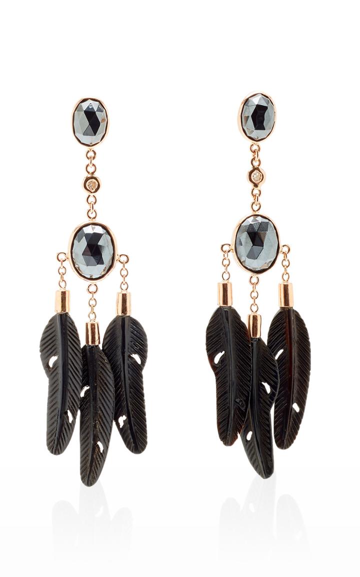 Jacquie Aiche 14k Rose Gold Hematite And Black Feather Earrings