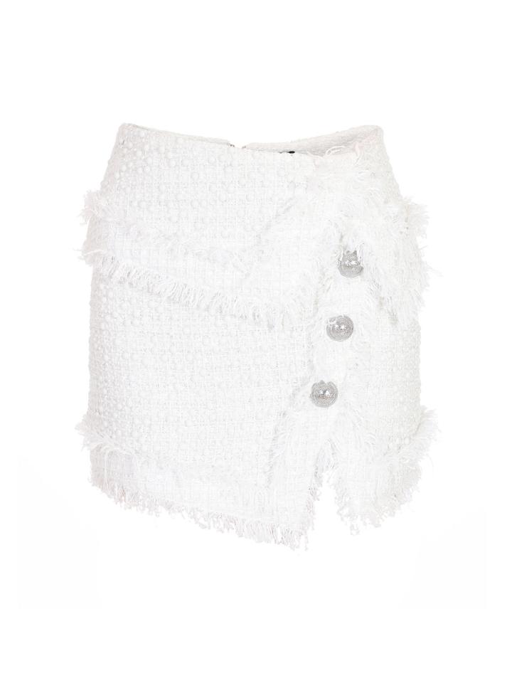 Balmain Short Fringed Pearled Tweed Wrap Skirt