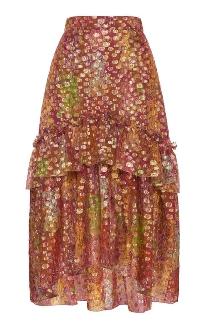 Moda Operandi Dundas Metallic Floral Silk-blend Ruffled Midi Skirt Size: 36