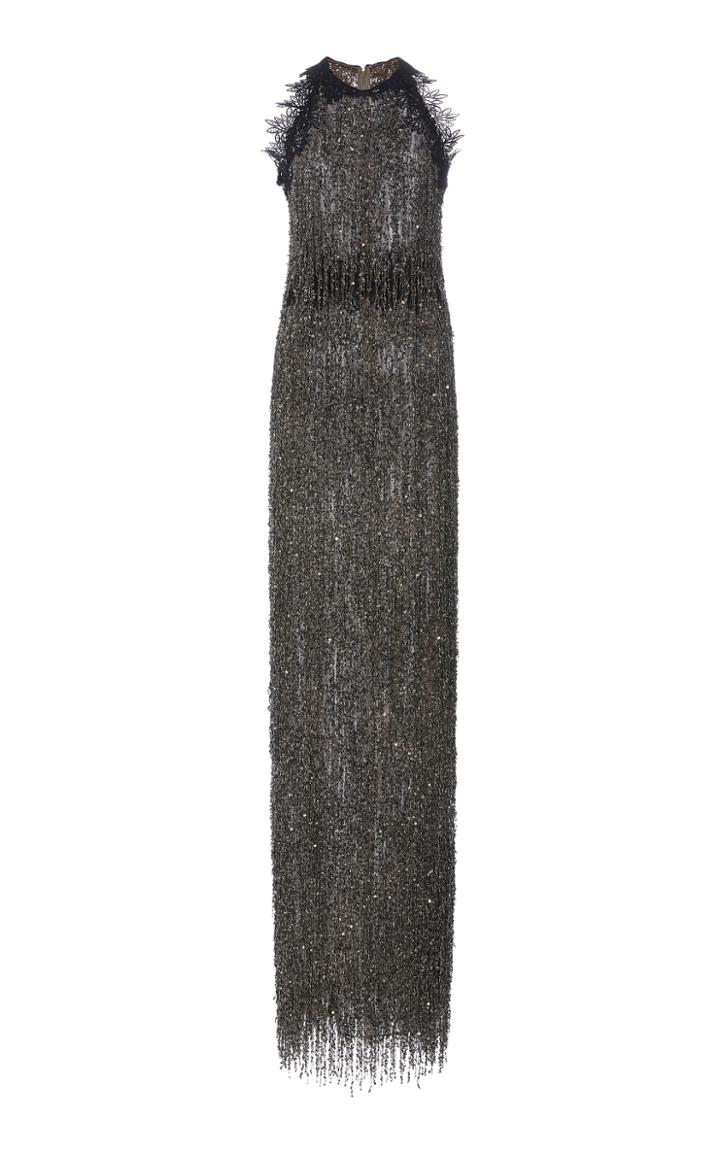 Naeem Khan Lace Trim Embellished Fringe Gown
