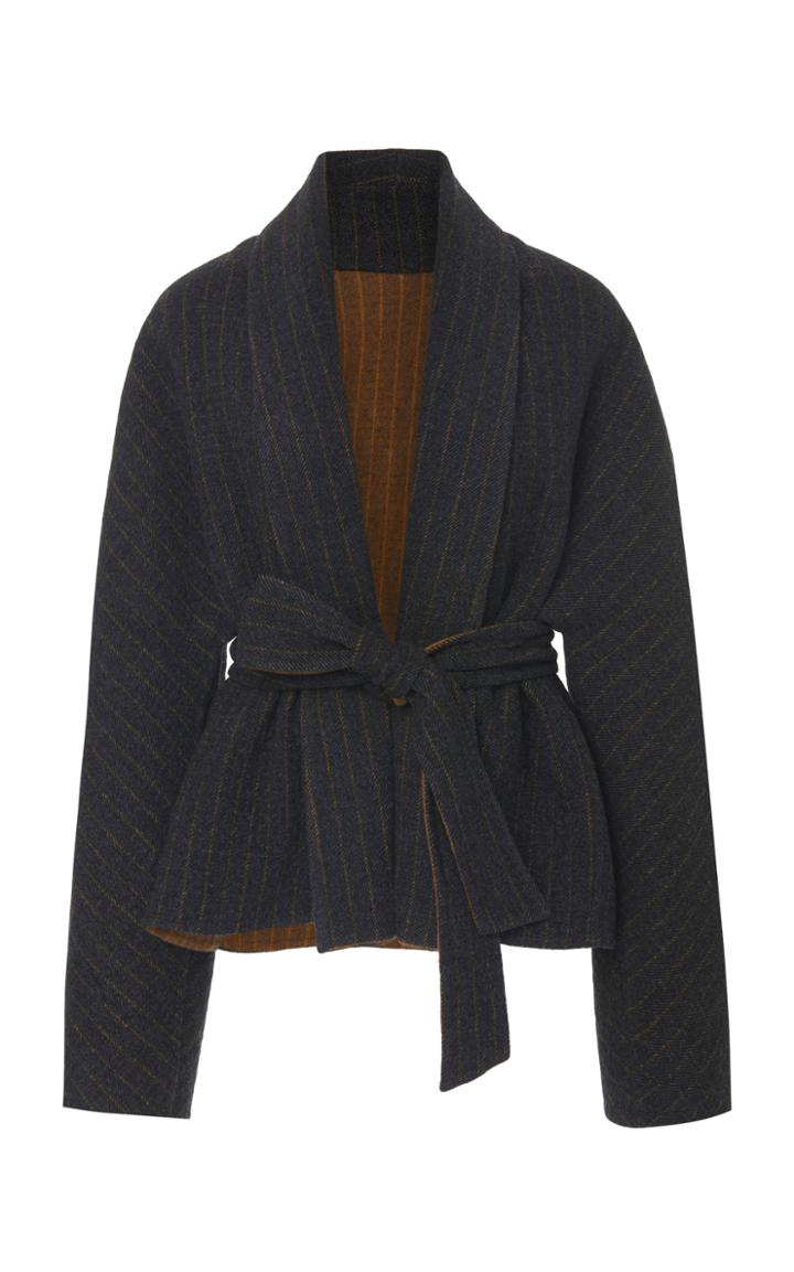 J. Mendel Double Faced Striped Wool Jacket With Self Tie Belt