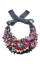 Etro Black Multi Embroidered Flower Bib Necklace With Grosgrain Ribbon