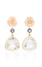 Bahina 18k Gold Pink Coral Flower, Lolite, Rock Crystal Earrings