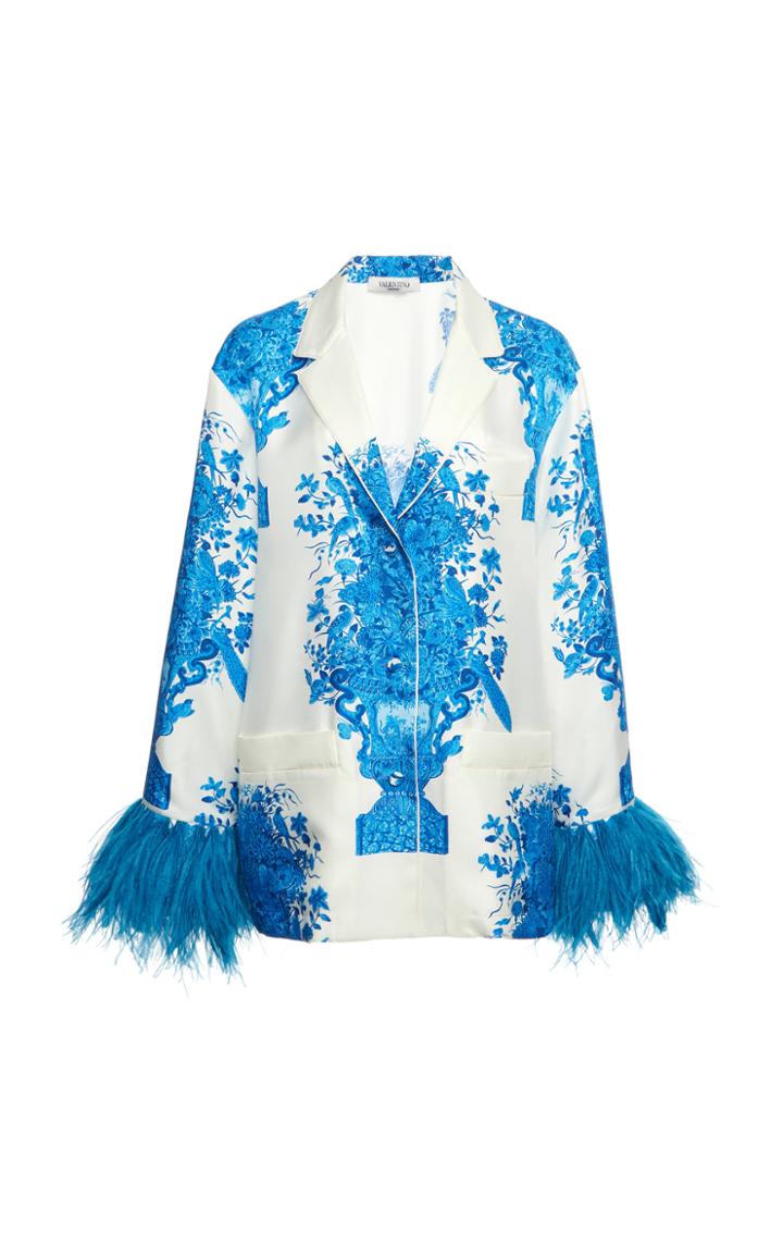 Valentino Feather-trimmed Grace-print Silk Top