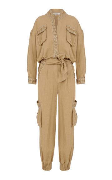 Raisa Vanessa Camel Jumpsuit With Embellished Pockets