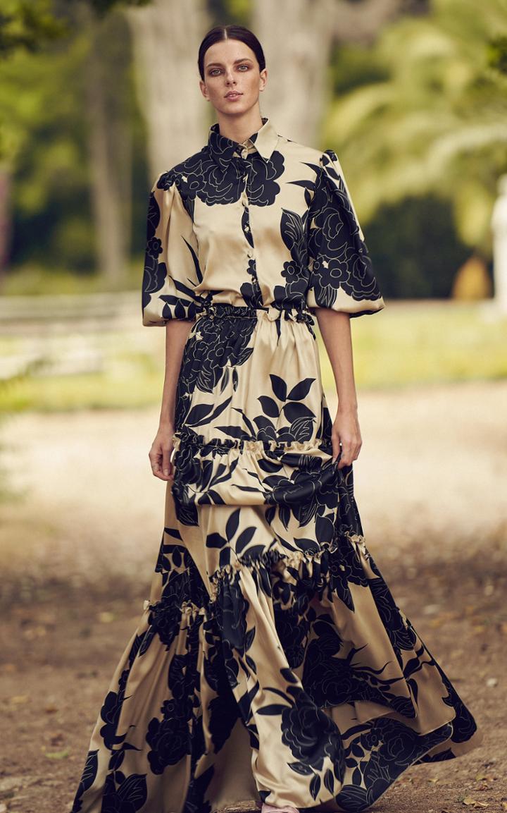Moda Operandi Costarellos Orlena Ruffled Floral Satin Tiered Maxi Skirt