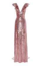 Monique Lhuillier Sequin Ruffled V-neck Gown
