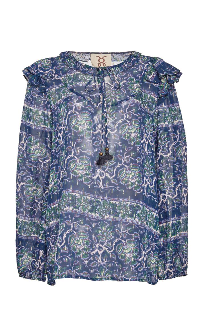 Figue Emiline Printed Ruffle-detailed Silk-blend Top
