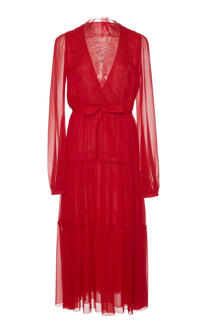Giambattista Valli Silk Long Sleeve Tiered Midi Dress