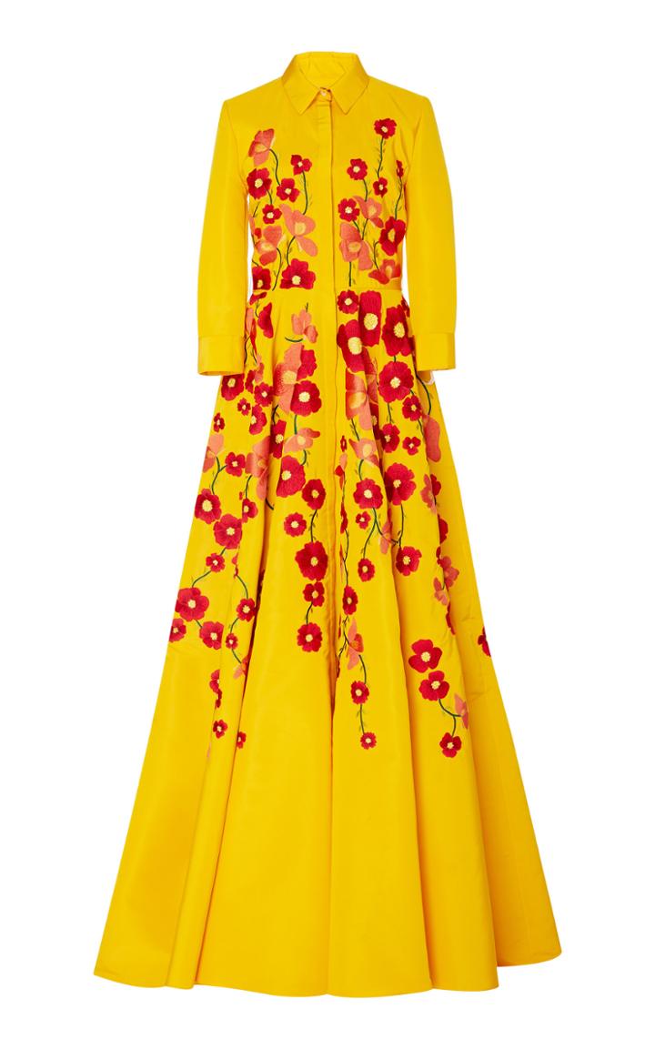 Carolina Herrera Floral-embroidered Silk Shirt-dress Gown