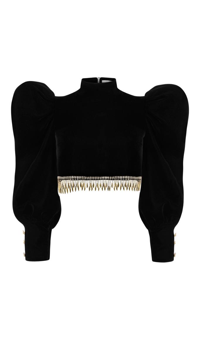 Moda Operandi Raisa Vanessa Fringed Velvet Cropped Top