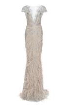 Marchesa Illusion Neckline Feathered Gown